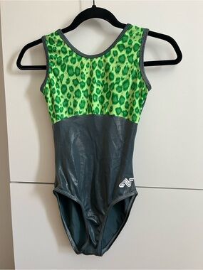 Alpha Factor Green Leopard Print & Charcoal Athletic Leotard - AM